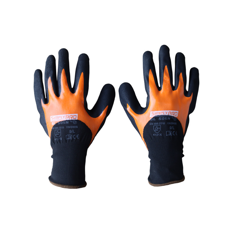 Guantes nitrilo doble capa talla 9 color naranja y negro con recubrimiento parcial para protección industrial